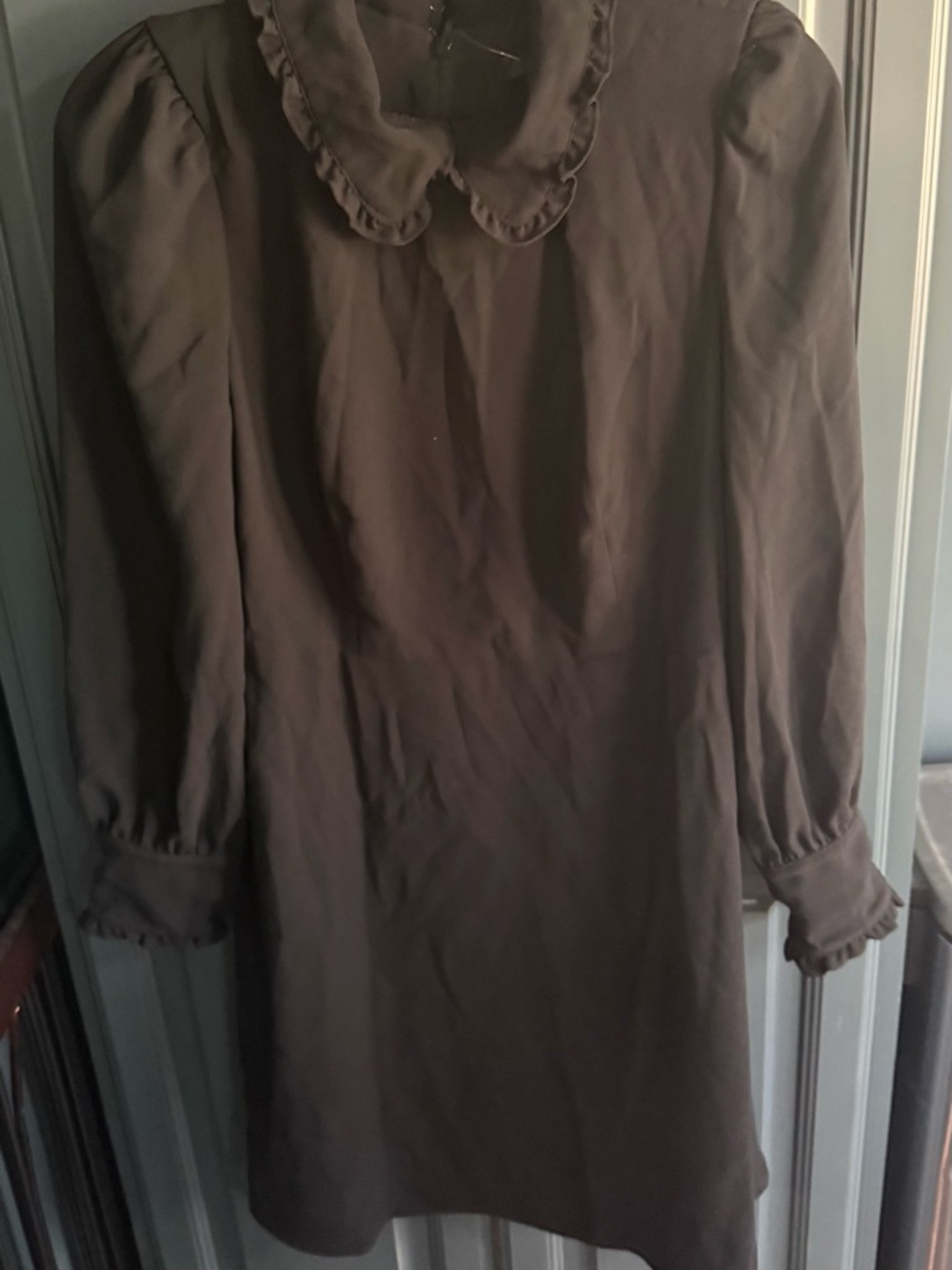 J Crew Black Long Sleeve Mini Dress with Ruffled Collar size 6